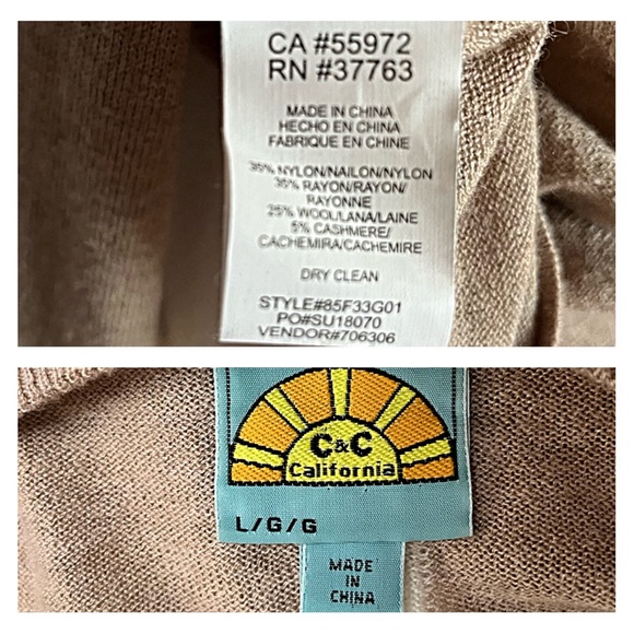 C&C CALIFORNIA Beige Cashmere Blend Lightweight SWEATER CONTRAST TRIM Women’s L - Picture 8 of 9